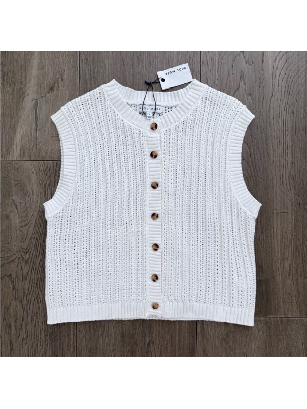 NWT Miou Muse White Cotton Crochet Button Front Tank Sleeveless Vest Large